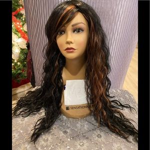 Wavy crimpy black gelly wig with red/brown streaks